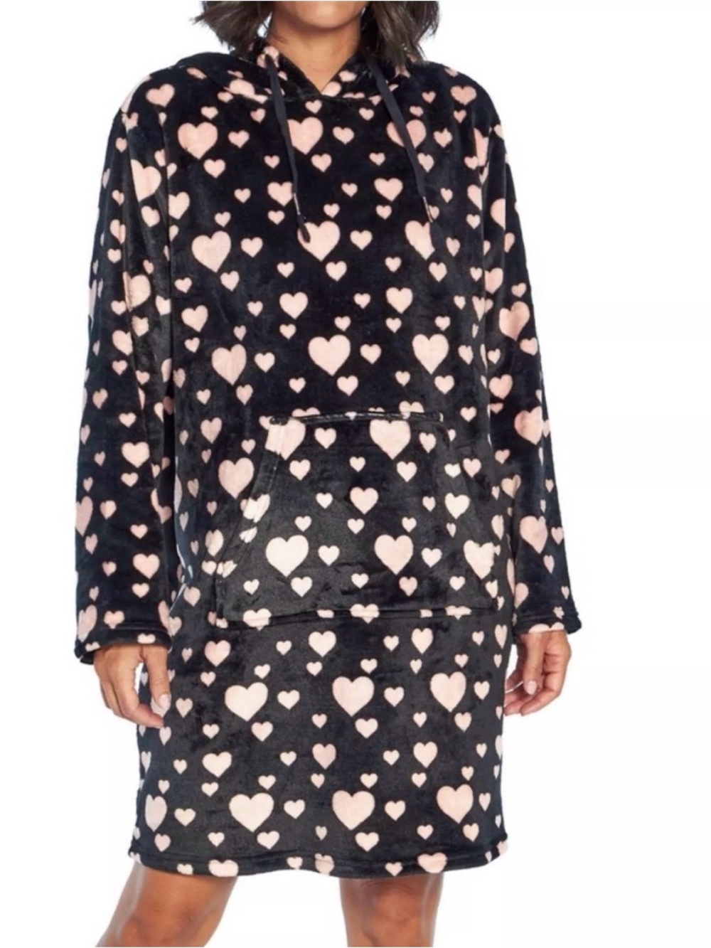 Wildfox Black Teddy Hoodie Dress with Pink Heart Print